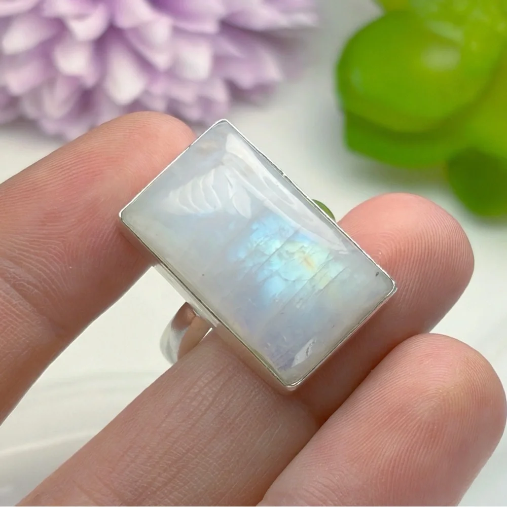 Pure Sterling Silver 925 Rainbow Moonstone Ring Size 9 1/4 9.25 Boho Southwest - Picture 5 of 10